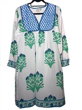 SZ Blockprints Kitty Tunic Dress Blue Green Floral Print Prairie Cottage Large